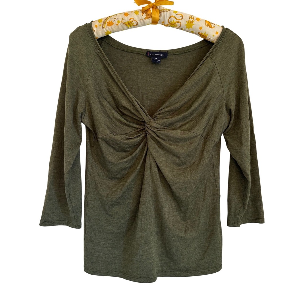 Magaschoni Olive Green Silk Spandex Twist Front 3/4 Sleeve Indie Sleeze M 90s